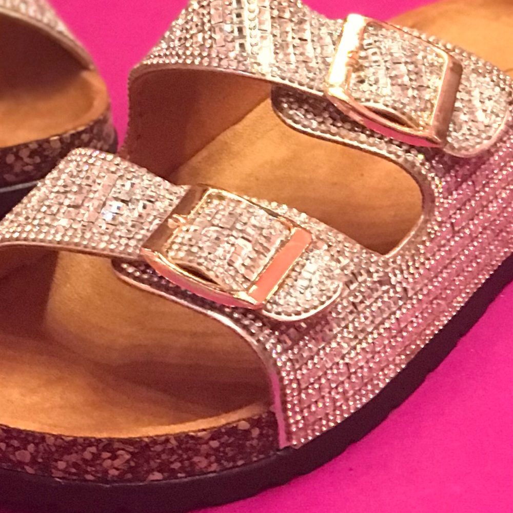 Italina Rhinestone Jewel Double Buckle Strap Cork Slide Contoured Sandal - Picture 6 of 15